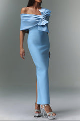 marina blue one-Shoulder Bow Bandage satin Maxi Dress