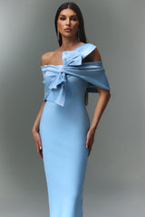 marina blue one-Shoulder Bow Bandage satin Maxi Dress