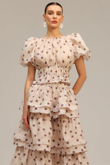 damla beige Puff Sleeves Dot Printed Top And Skirt Two-Piece Set