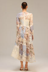 kristin Long Sleeves Floral Printed Asymmetric Lace Maxi Dress