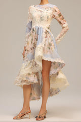 kristin Long Sleeves Floral Printed Asymmetric Lace Maxi Dress