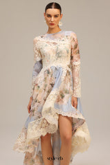 kristin Long Sleeves Floral Printed Asymmetric Lace Maxi Dress