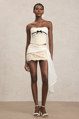 white Herringbone tube top floral ruffle mini dress suit