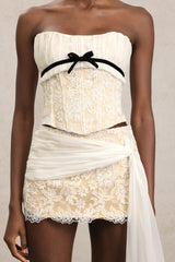 white Herringbone tube top floral ruffle mini dress suit