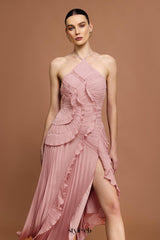 alva Sleeveless Folds Slit Maxi Dress in light pink