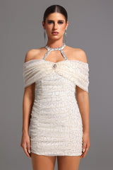 joa Halter Off-The-Shoulder Bow Mini Dress in apricot