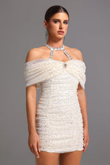 joa Halter Off-The-Shoulder Bow Mini Dress in apricot