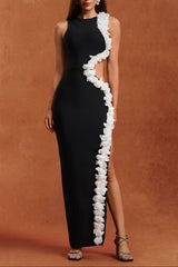 kimberley black Sleeveless Hollow Out Flowers Slit Bandage Maxi Dress