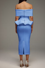 Eleanore Off The Shoulder  Ruffled Edge Blue Midi Dress