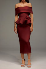 Eleanore Off The Shoulder  Ruffled Edge Red Midi Dress