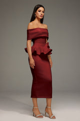 Eleanore Off The Shoulder  Ruffled Edge Red Midi Dress