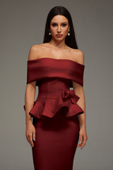 Eleanore Off The Shoulder  Ruffled Edge Red Midi Dress