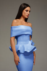 Eleanore Off The Shoulder  Ruffled Edge Blue Midi Dress
