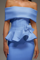 Eleanore Off The Shoulder  Ruffled Edge Blue Midi Dress