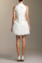 jessie white Strapless satin sleeveless puffy mini dress