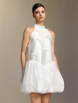 jessie white Strapless satin sleeveless puffy mini dress
