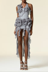 melissa grey Flower Asymmetric Folds Streame Mini Dress