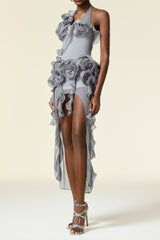 melissa grey Flower Asymmetric Folds Streame Mini Dress