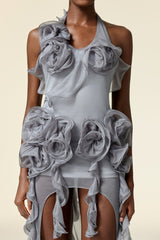 melissa grey Flower Asymmetric Folds Streame Mini Dress