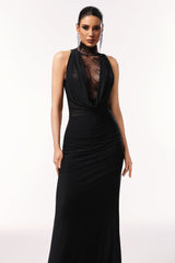 Guga Halter Sleeveless Lace Wrinkle Maxi Dress