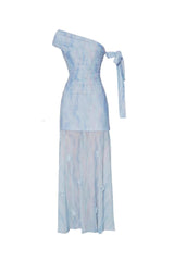 rosalind one-shoulder pleated slim maxi dress in blue