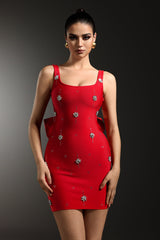 adora Sleeveless Diamond Bow Bandage Mini Dress in red
