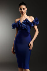alisa Off-Shoulder Flounce Bandage Blue Midi Dress