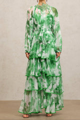 Jolie Round Neck Long Sleeves Floral Printed Folds Green Maxi Dress