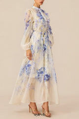 sandra Blue Floral Print puff sleeve Maxi Dress
