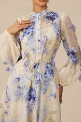 sandra Blue Floral Print puff sleeve Maxi Dress