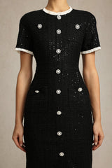 Round Neck Short Sleeves sequin Maxi Dress in black