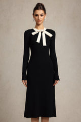 janice Round Neck Long Sleeves Bowknot Streamer Maxi Dress in black