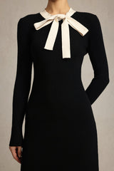 janice Round Neck Long Sleeves Bowknot Streamer Maxi Dress in black