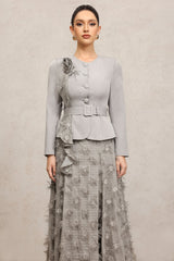 dominic grey Round Neck Long Sleeves Flower Top And Skirt Two-Piece Set