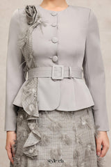 dominic grey Round Neck Long Sleeves Flower Top And Skirt Two-Piece Set