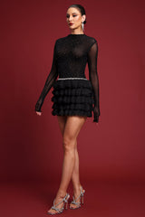 Kerta Classic Contour Crystal Ruffle Mesh Mini Dress