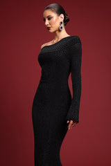 natividad Contour One Shoulder Crystal Maxi Dress in black