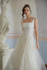 jessica Neutral Tulle Panel Lace Maxi Dress in white