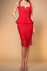 maria Contour Lace Bandage Midi Dress in red