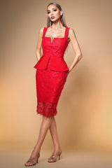 maria Contour Lace Bandage Midi Dress in red