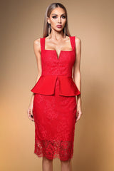 maria Contour Lace Bandage Midi Dress in red