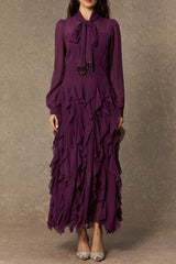 bonnie Purple Bow Neck Tiered Ruffle Maxi Dress