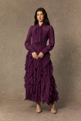 bonnie Purple Bow Neck Tiered Ruffle Maxi Dress