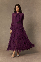 bonnie Purple Bow Neck Tiered Ruffle Maxi Dress