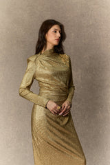 michelle Gold Floral Embellished Texture Midi Dress