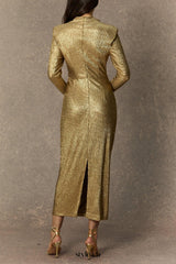 michelle Gold Floral Embellished Texture Midi Dress