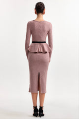 kitty U Neck Long Sleeve Falbala Knit Midi Dress in pink