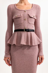 kitty U Neck Long Sleeve Falbala Knit Midi Dress in pink