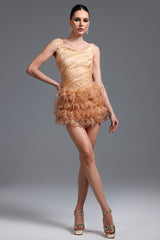 Veronic Romantic Embellished Sleeveless Ruffle Sequin Mini Dress