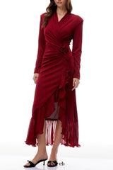 joyce Red Ruffled Gathered high slit Knit Midi Dress